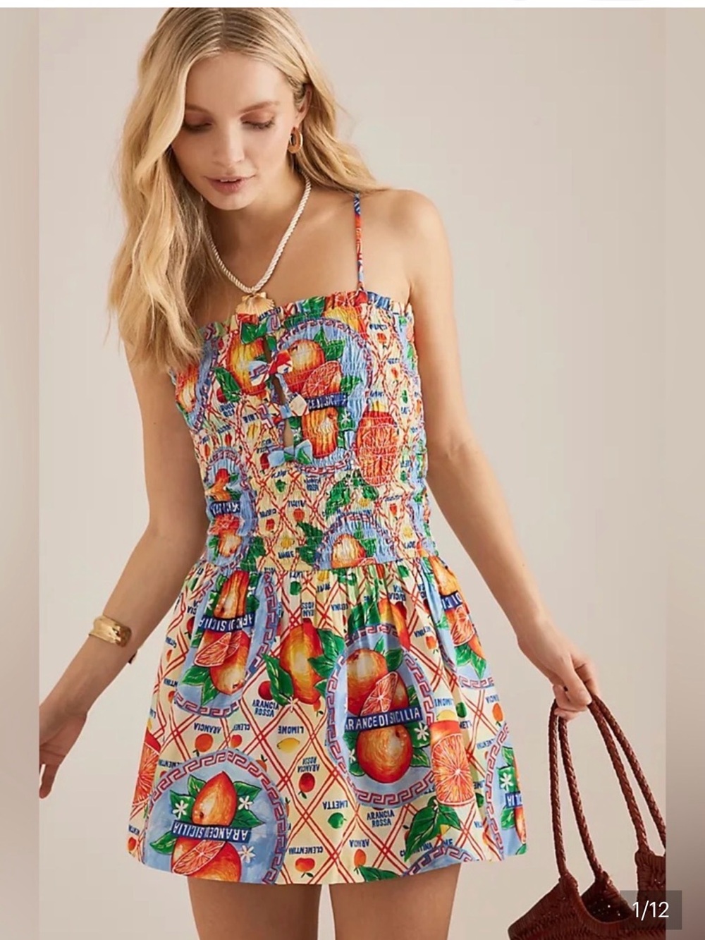 Smocked Citrus Print Mini Dress - Orange Multicolor